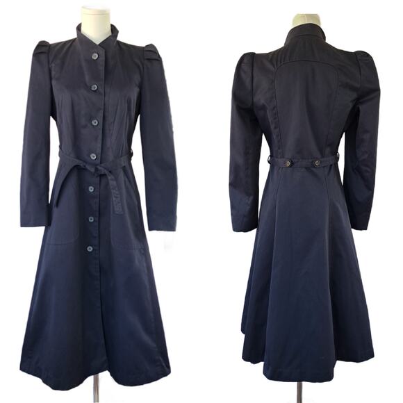 VINTAGE Princess Fit & Flare Midi Long Trench Coat Navy Puff Sleeve *fits small - Picture 1 of 13